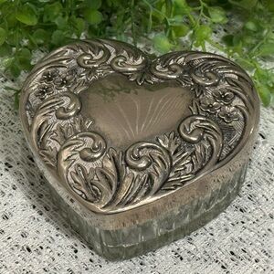 Heart Shaped Scrolled Silver Plated Glass Trinket Box with Mirror Under Lid